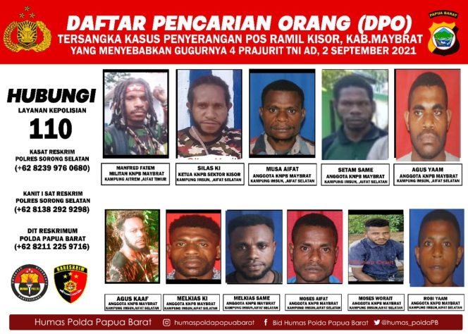 
 POLDA Papua Barat Rilis  DPO Pelaku Penyerangan Posramil Kisor Maybrat