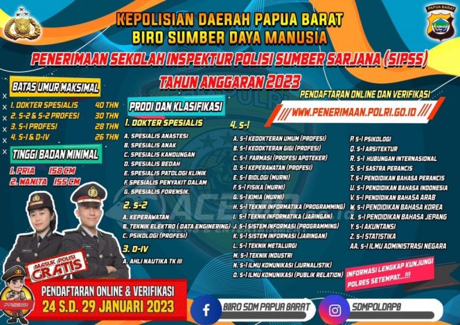 
 Polda Papua Barat Buka Pendaftaran Sekolah Inspektur Polisi Dua Sumber Sarjana (SIPSS) 2023