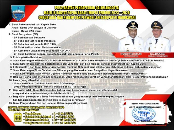 
 Pendaftaran Calon Anggota MRPB Periode 2023-2028 Perwakilan Manokwari Dibuka, Ini Persyaratan Yang Harus di Penuhi