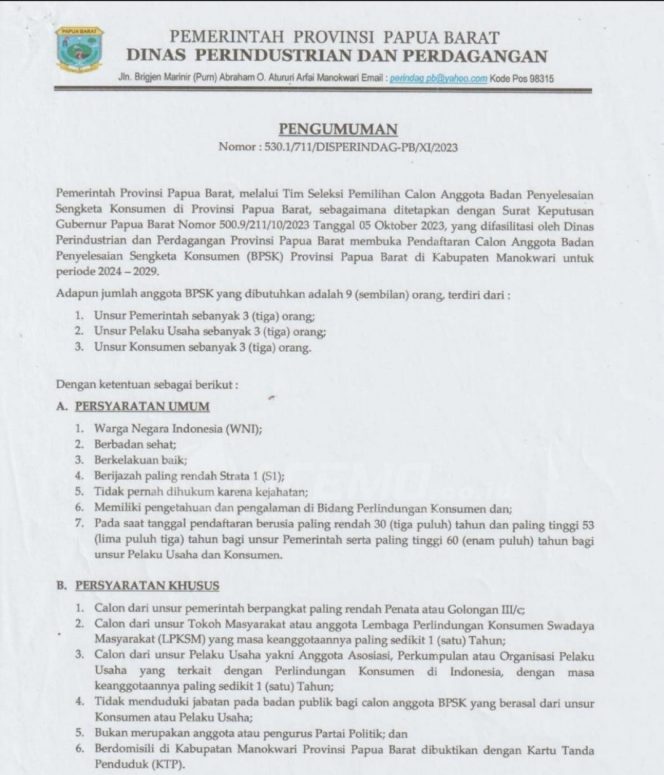 
 Pemprov Papua Barat Umumkan Seleksi Anggota BPSK Periode 2024-2029, Ini Persyaratanya !!