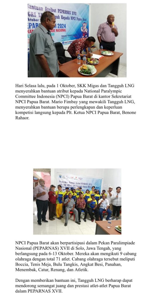 
 Tangguh LNG Beri Bantuan Atribut Peparnas XVII Kepada NPCI Papua Barat